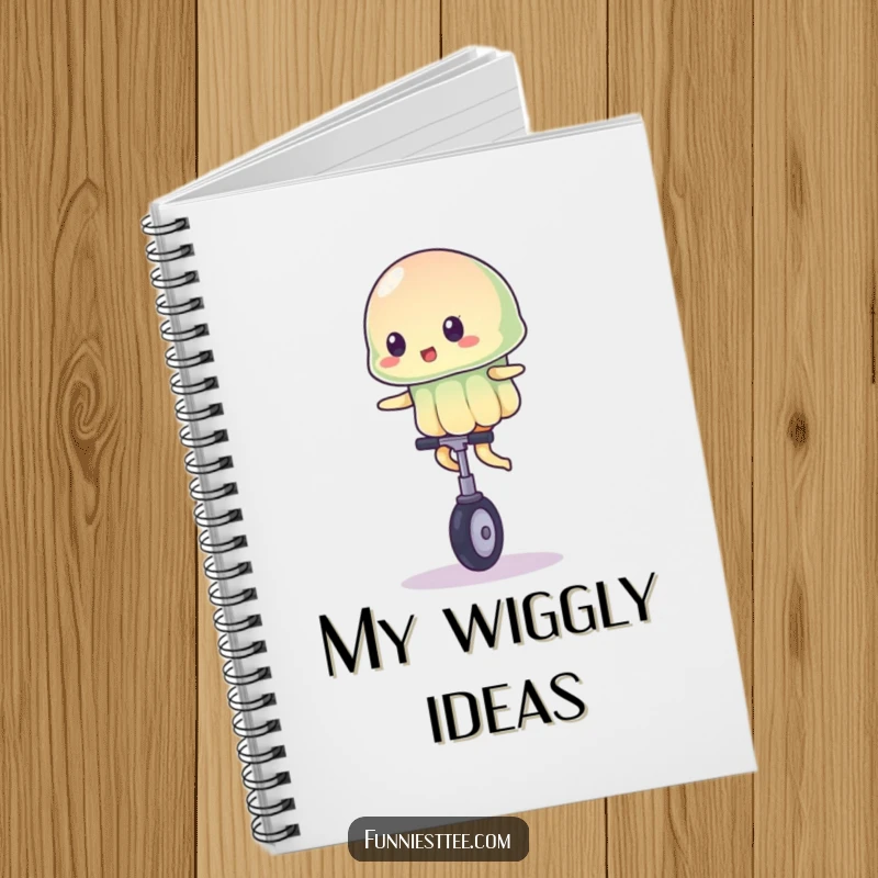 Funny notebook with a wobbly jelly character balancing on a tiny unicycle, ideal for jotting down unstable thoughts and daily entries.
