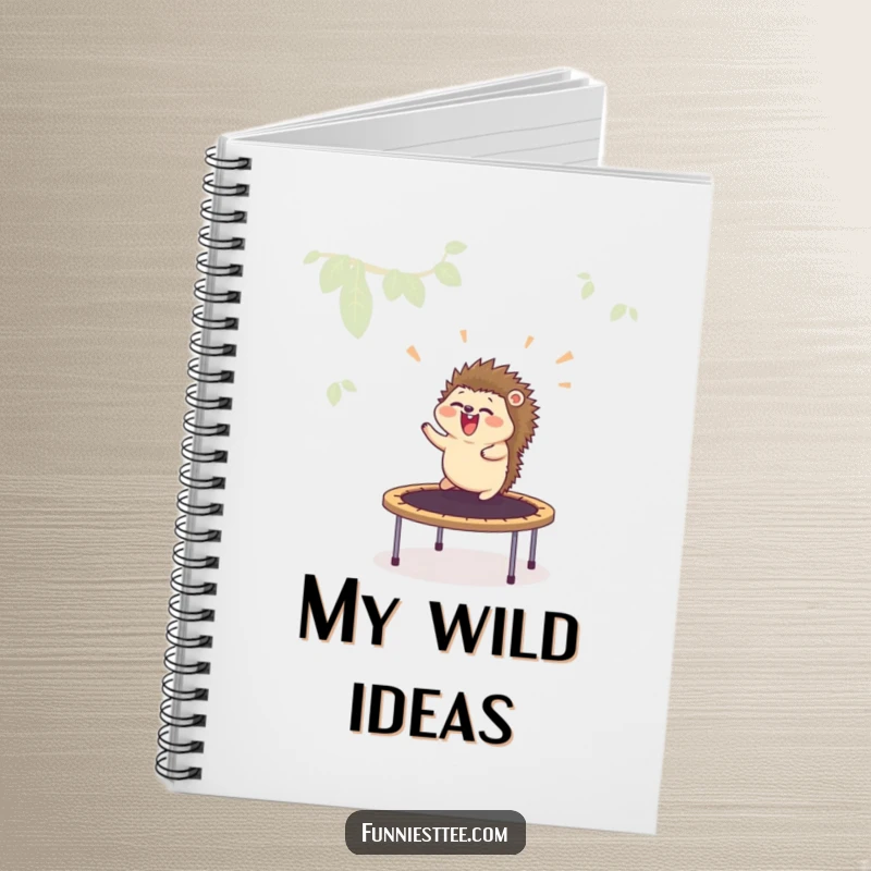 Funny notebook cover depicting a hedgehog launching from a trampoline, inspiring creative writing and energetic note-taking.