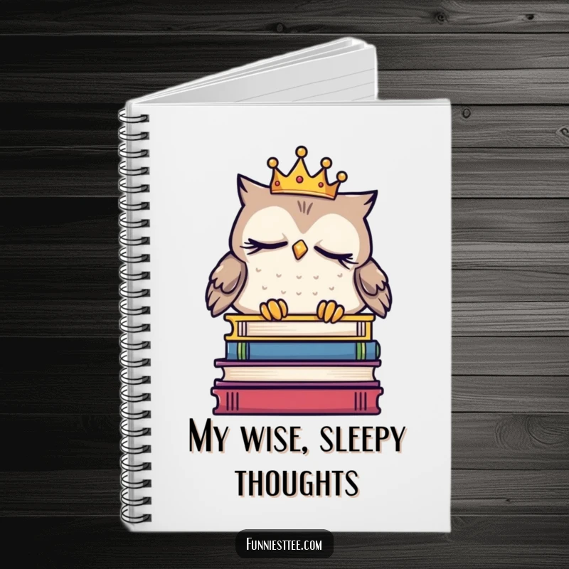 Funny sleepy owl notebook featuring a crowned owl dozing on books, ideal for jotting down notes with a humorous, scholarly twist.