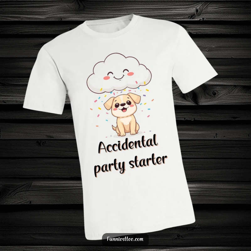 Funny T-Shirt graphic: a cheerful cloud raining down colorful confetti upon a small, bewildered dog.