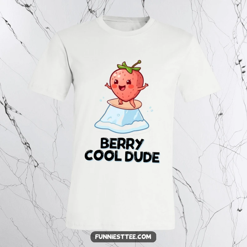 Funny Strawberry Surf T-Shirt: A cheerful strawberry comically surfs on a melting ice cube, a vibrant graphic tee.