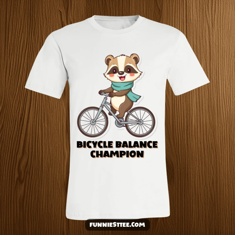 Funny badger t-shirt featuring a cheerful badger in a scarf, riding a bicycle with comically large, wobbly wheels.