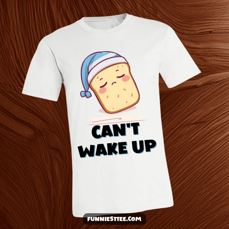 Funny t-shirt with a sleepy bread loaf wearing a nightcap, humorously falling off a shelf, a comfy and comical design.