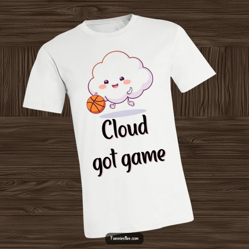 Funny happy cloud dribbling a basketball with its puff on a t-shirt, a whimsical and energetic design for sports fans.