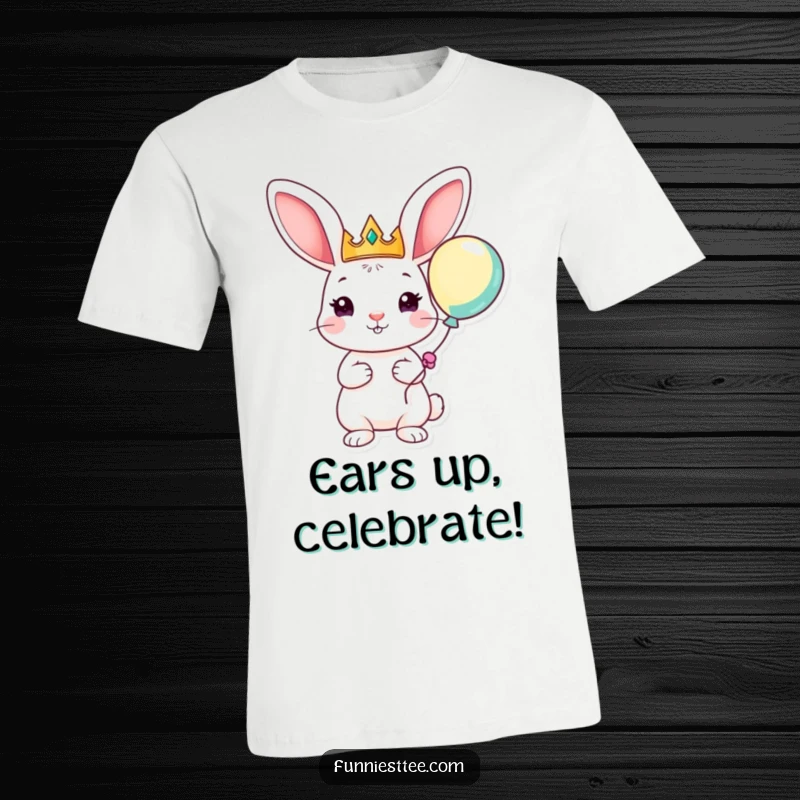 Funny t-shirt of a playful rabbit with big ears, wearing a crown and holding a balloon, representing whimsical royalty and joyful spirit.