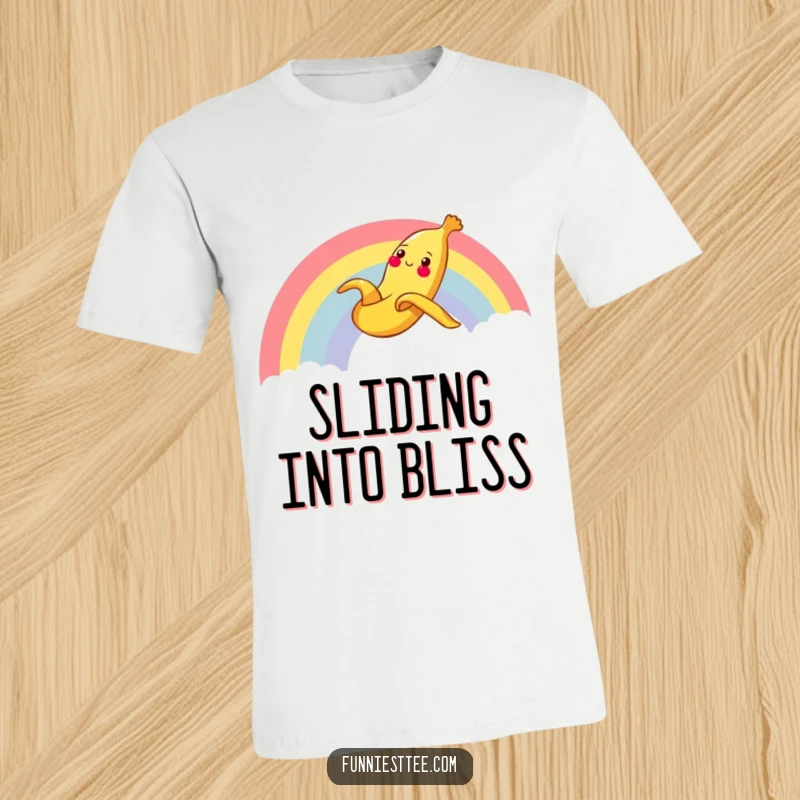 Funny Banana Rainbow T-Shirt displaying a cheerful banana peel sliding gleefully down a rainbow, designed for comfort and vibrant style.