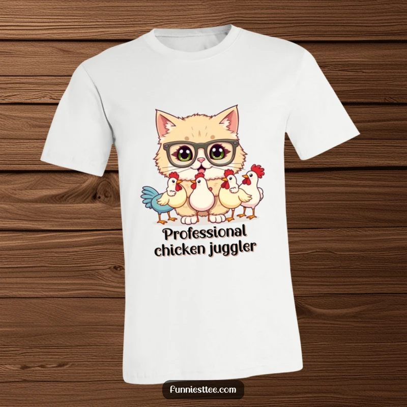 Funny t-shirt showcasing a fluffy cat in oversized glasses, comically trying to juggle three rubber chickens with a determined, slightly panicked expression.