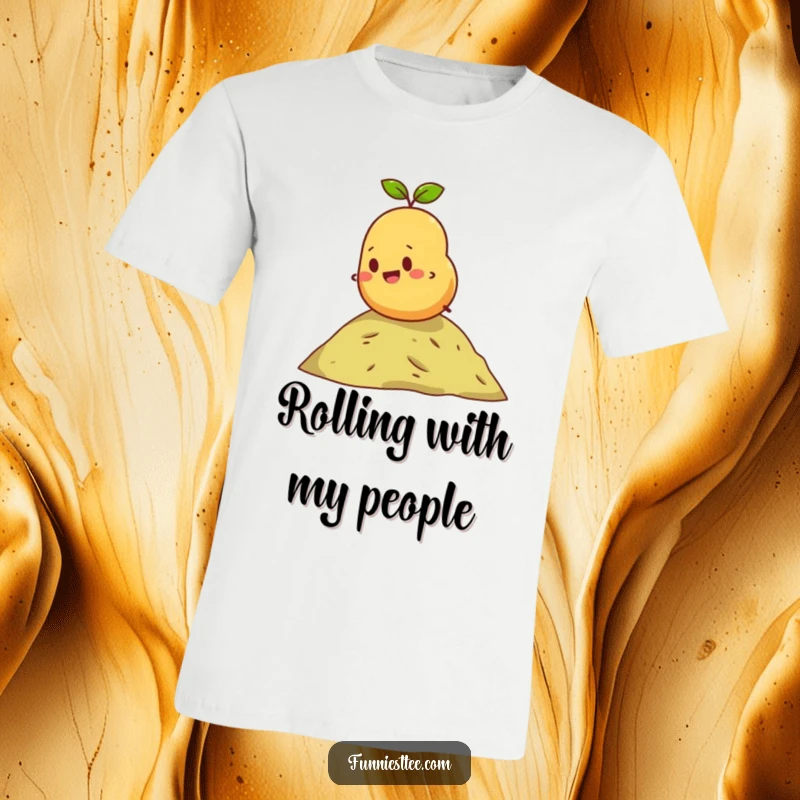 Funny t-shirt showcasing a happy, determined potato comically rolling down a small hill with pure joy and a sense of purpose.