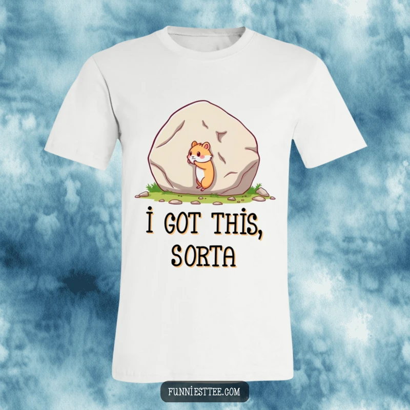 Funny t-shirt with a small hamster struggling to push a boulder much larger than itself, a symbol of epic, humorous effort.