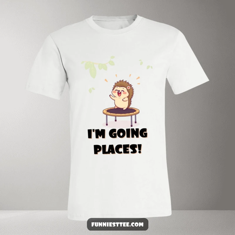 Funny t-shirt illustrating a delighted hedgehog rocketing off a trampoline, a comical depiction of uncontrolled, joyous flight.