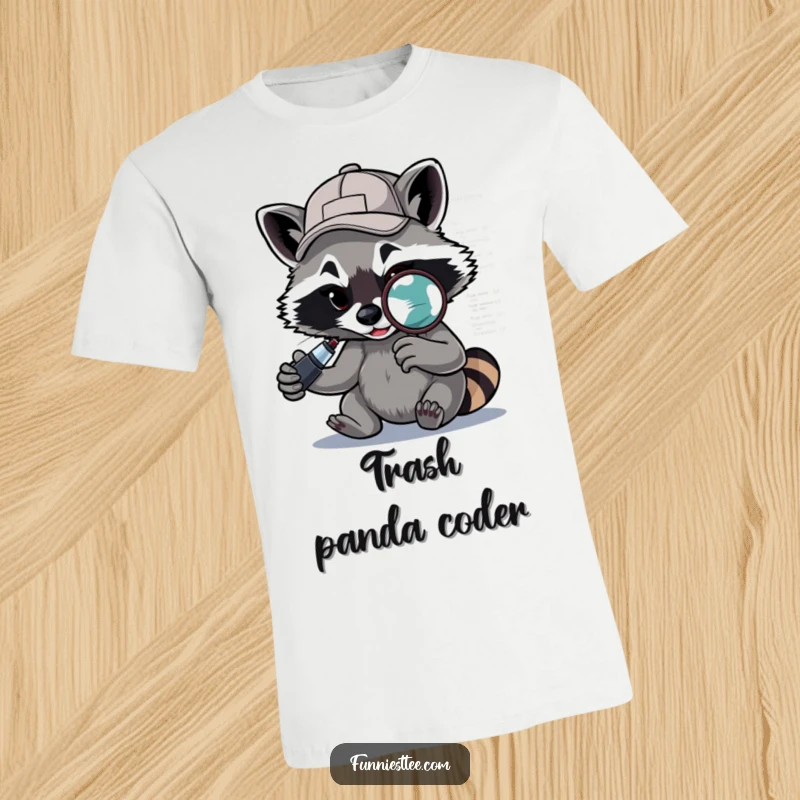 Funny Raccoon Debugger T-Shirt: A determined raccoon wearing a backward baseball cap uses a magnifying glass to debug code, a funny gift.