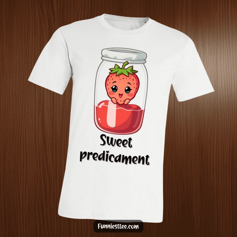 Funny t-shirt with a cheerful strawberry character stuck in a jam jar, looking surprised, a sweet and humorous design.