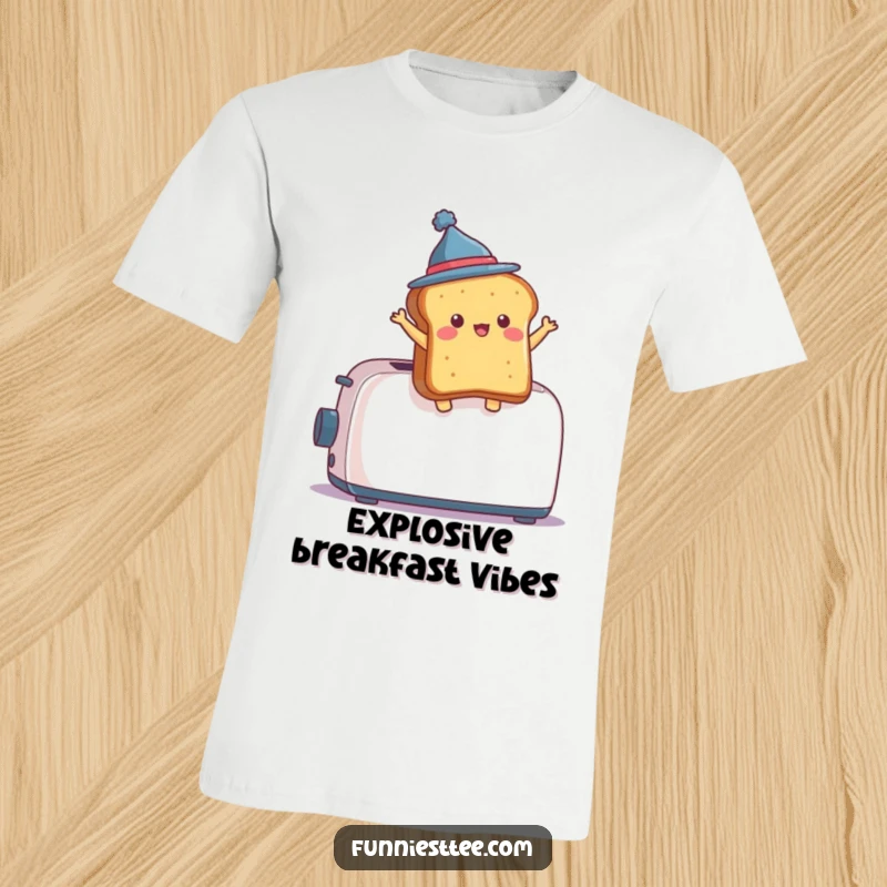 Funny T-Shirt graphic of a piece of toast, wearing a small hat, leaping out of a toaster with exaggerated motion.