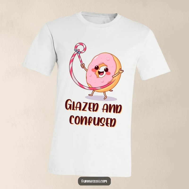 Funny t-shirt featuring a grinning donut performing an impressive hula hoop trick with a licorice whip, full of energy and charm.