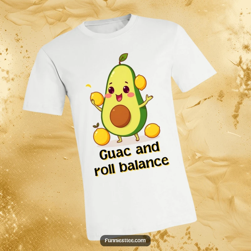 Funny vibrant t-shirt illustrating an avocado juggling three yellow lemons, conveying comical kitchen antics.
