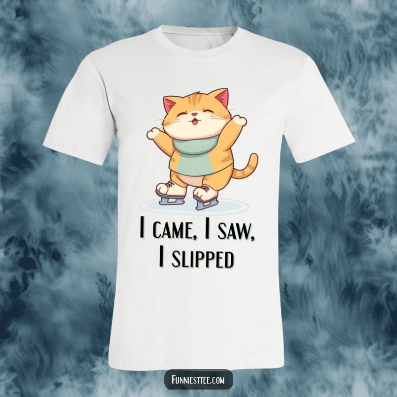 Funny T-Shirt showcasing a plump cat attempting ice skating, arms flailing, with a comical expression of concentration and near-disaster.