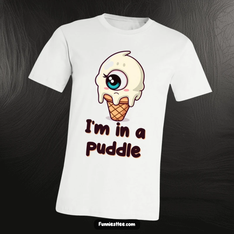 Funny t-shirt with a melting ice cream cone sporting one giant, confused eye, a sweet and bewildered character, perfect for casual wear.