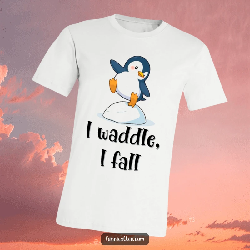 Funny Penguin Trip T-Shirt: A penguin comically trips dramatically over a single tiny icy pebble, a funny graphic tee.