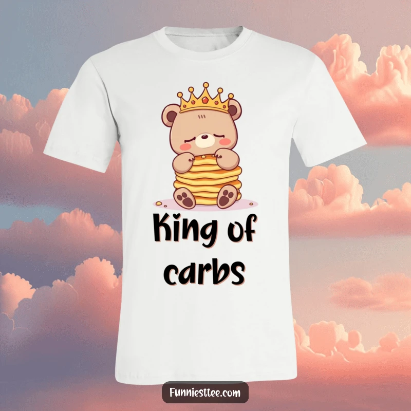 Funny sleepy bear t-shirt featuring a crowned bear character precariously balancing a towering stack of pancakes, embodying morning exhaustion humor.
