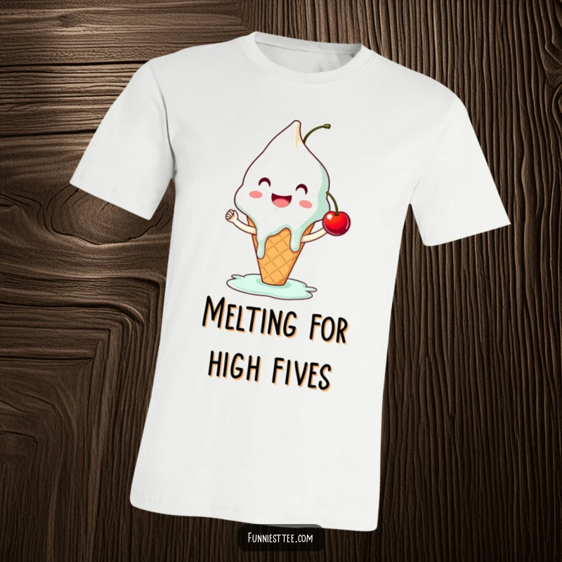 Funny ice cream t-shirt showing a smiling, melting cone attempting a high-five with a cherry, a humorous and cool design for apparel.