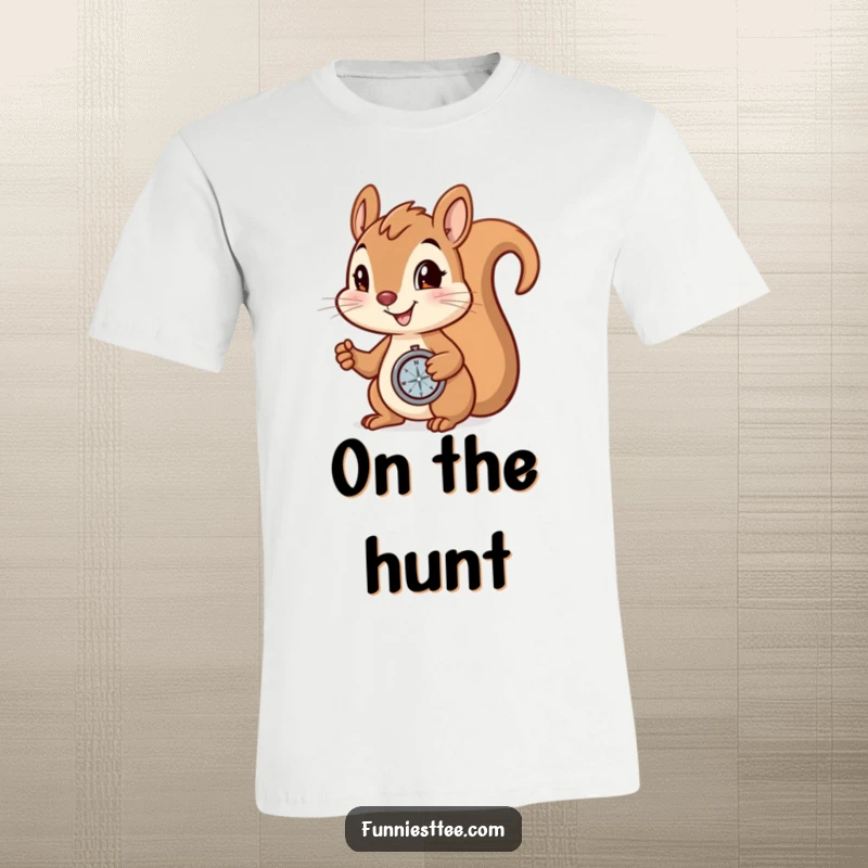 Funny T-Shirt: Smiling squirrel holding a compass, determined to find a hidden nut, ready for outdoor fun.