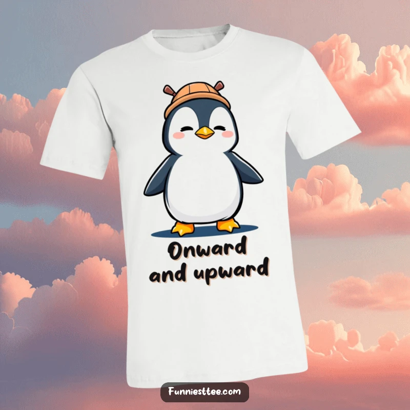 Funny t-shirt graphic of a focused penguin wearing a propeller hat, marching with gusto.