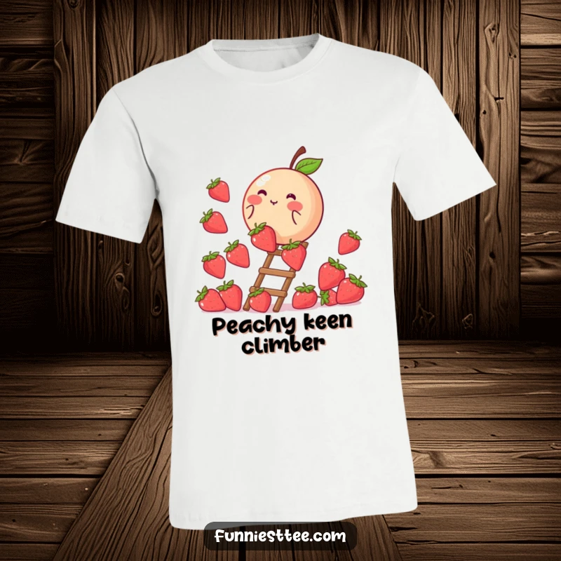 Funny t-shirt design of a blushing peach ascending a ladder constructed from strawberries, symbolizing sweet perseverance and fruity ambition.