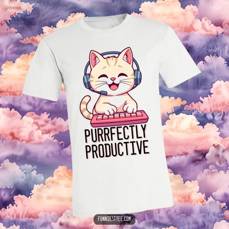 Funny Cat Coder T-Shirt: A happy cat wearing a headset types rapidly on a keyboard, a humorous tech apparel gift.