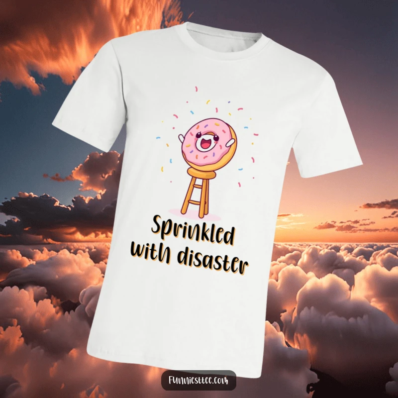 Funny vibrant t-shirt depicting a donut character falling off a stool with sprinkles flying, great for laughs.