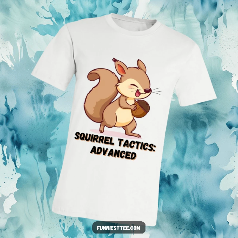 Funny T-Shirt graphic of a determined squirrel holding a huge acorn, spinning around while chasing its tail.