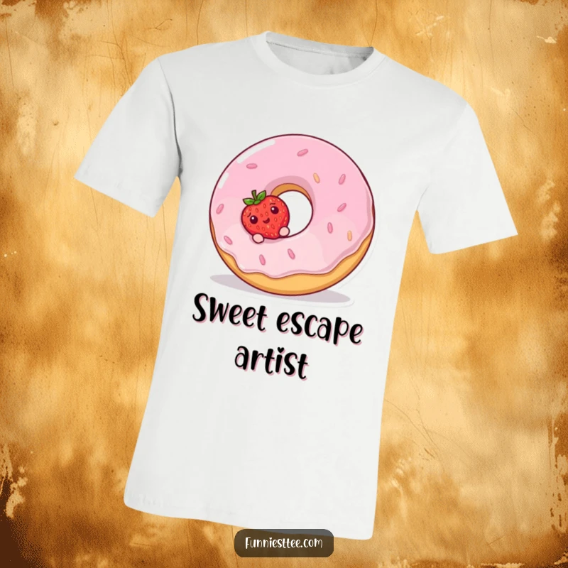 Funny T-Shirt graphic of a shy strawberry peeking out from behind a big, cheerful donut that is laughing.