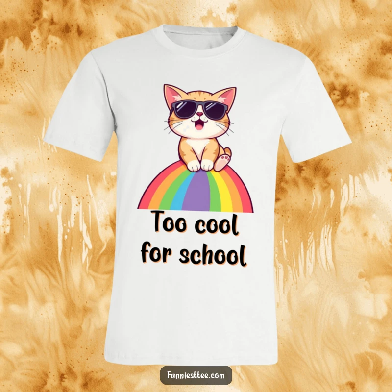 Funny cat wearing sunglasses, sliding down a rainbow, surprised expression, cool and humorous t-shirt, great gift.