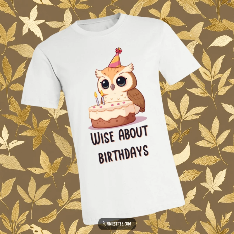 Funny owl party hat t-shirt, an owl with a tilted party hat gazing at a birthday cake.