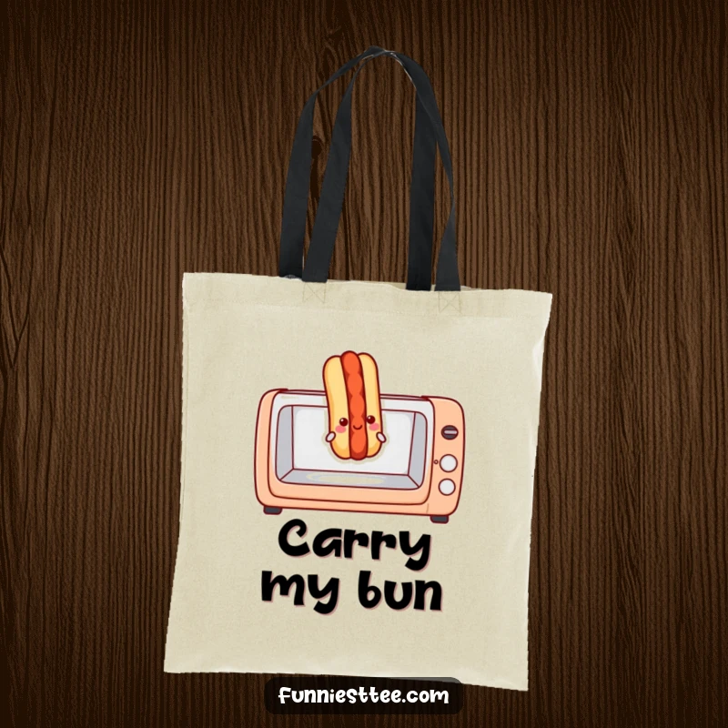 Funny hot dog tote bag depicting a happy hot dog exiting a toaster oven, designed for humorous and practical use by food lovers.