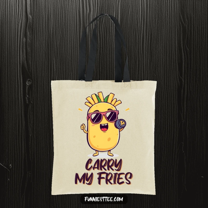 Funny potato tote bag with a cool potato character in sunglasses holding a French fry mic, ready for performance.