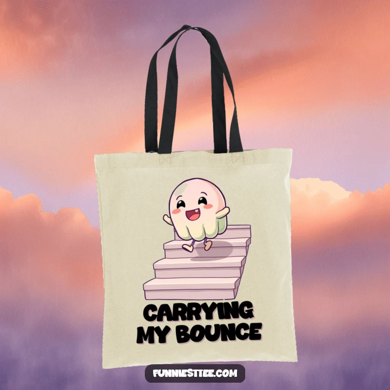 Funny tote bag showcasing a wobbly jelly character cheerfully bouncing down stairs, perfect for carrying essentials with a humorous flair.