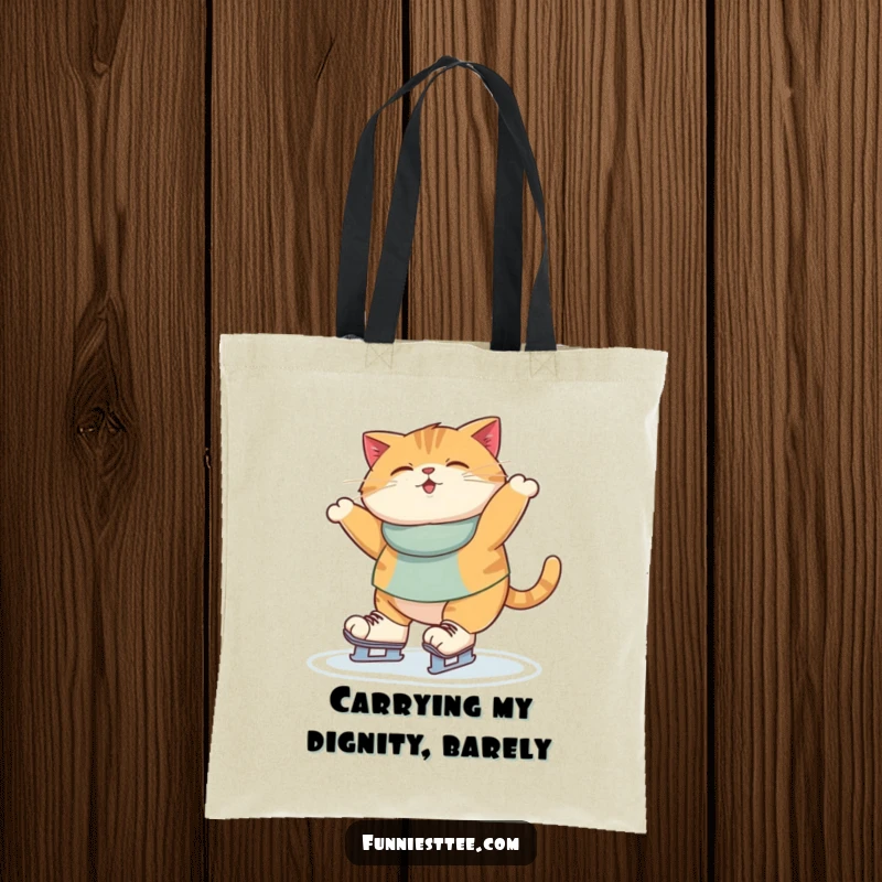 Funny Tote Bag design: a chubby cat wobbling hilariously on ice skates, paws spread wide, mid-wobble.