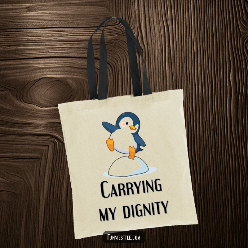 Funny Penguin Trip Tote Bag: A penguin dramatically trips over a tiny icy pebble, a spacious and funny bag.