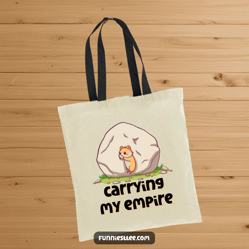 Funny tote bag illustrating a small hamster's comical and valiant effort to push a giant boulder, ideal for shoppers.