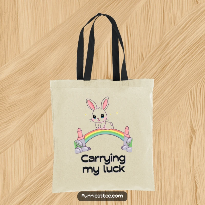 Funny tote bag with a playful rabbit, sparkling eyes, leaping over a rainbow bridge, perfect for carrying joy.