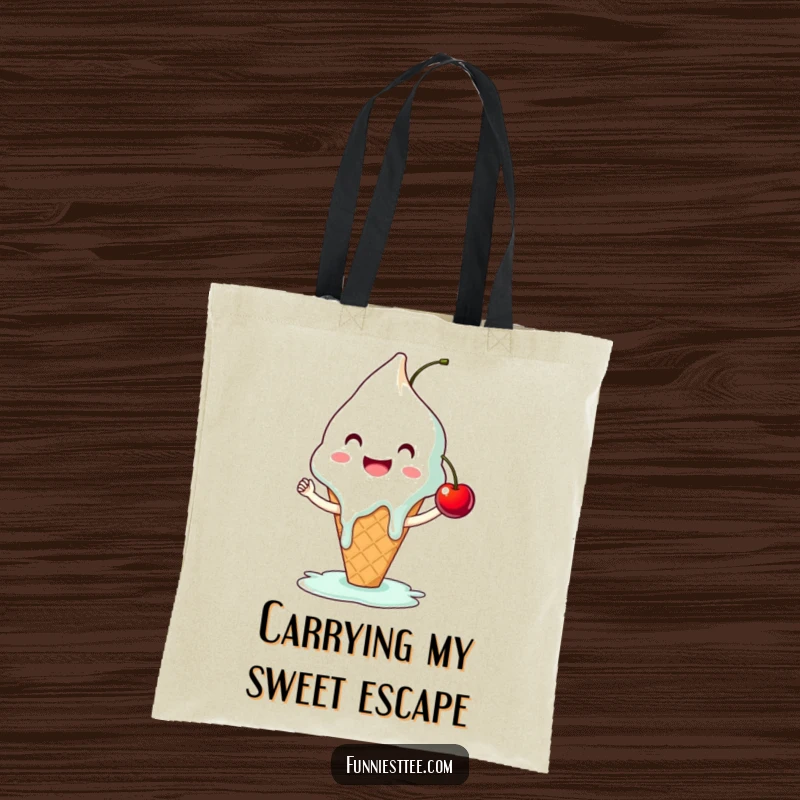 Funny ice cream tote bag with a smiling, melting cone attempting a high-five with a cherry, a charmingly humorous accessory for carrying essentials.