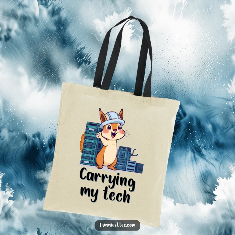 Funny squirrel in a hard hat excitedly gesturing towards a tower of circuit boards, tech humor on a durable tote bag.