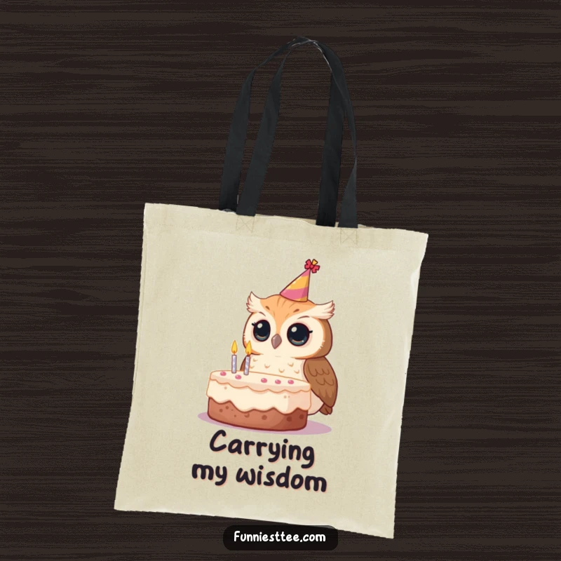Funny owl party hat tote bag, a curious owl looking at a birthday cake, charming and practical.