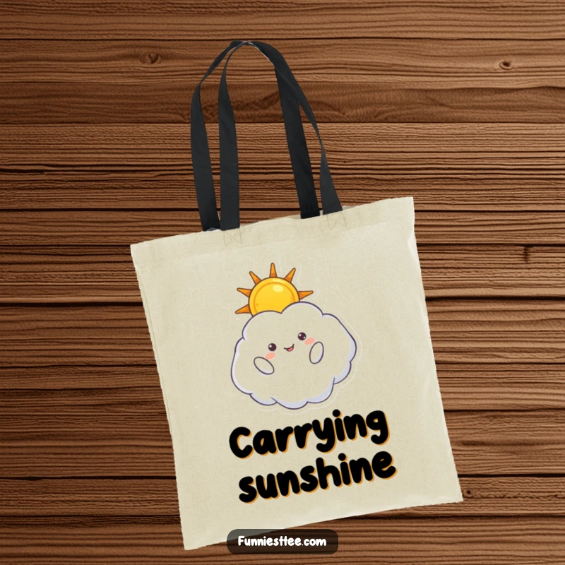 Funny tote bag with a fluffy cloud character inverted, holding a sun, perfect for carrying essentials with a touch of sky-high humor.