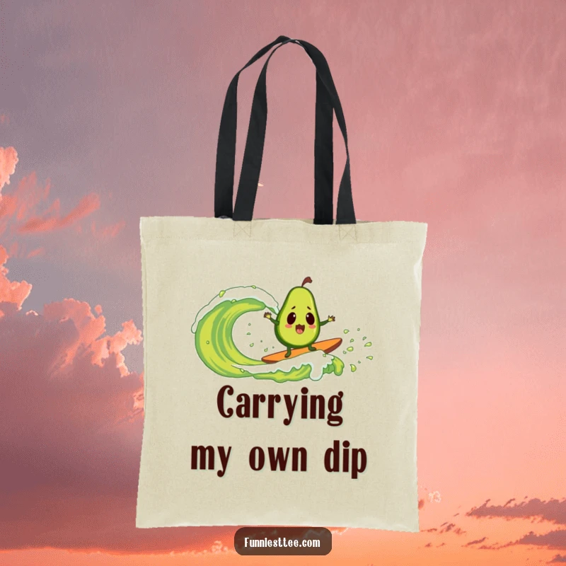 Funny tote bag featuring a surprised avocado masterfully surfing a colossal guacamole wave, a humorous depiction of athletic absurdity.