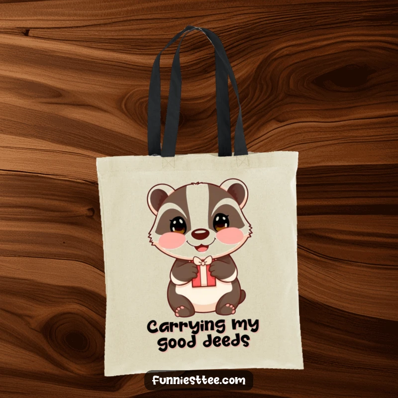 Funny badger gift tote bag, a happy badger with rosy cheeks offering a small gift, charming and practical.