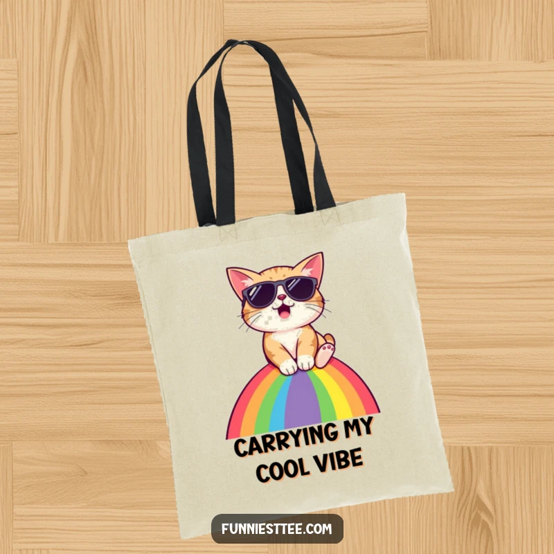 Funny cat wearing sunglasses, sliding down rainbow, cool tote bag, carrying feline fun and humor, perfect gift.