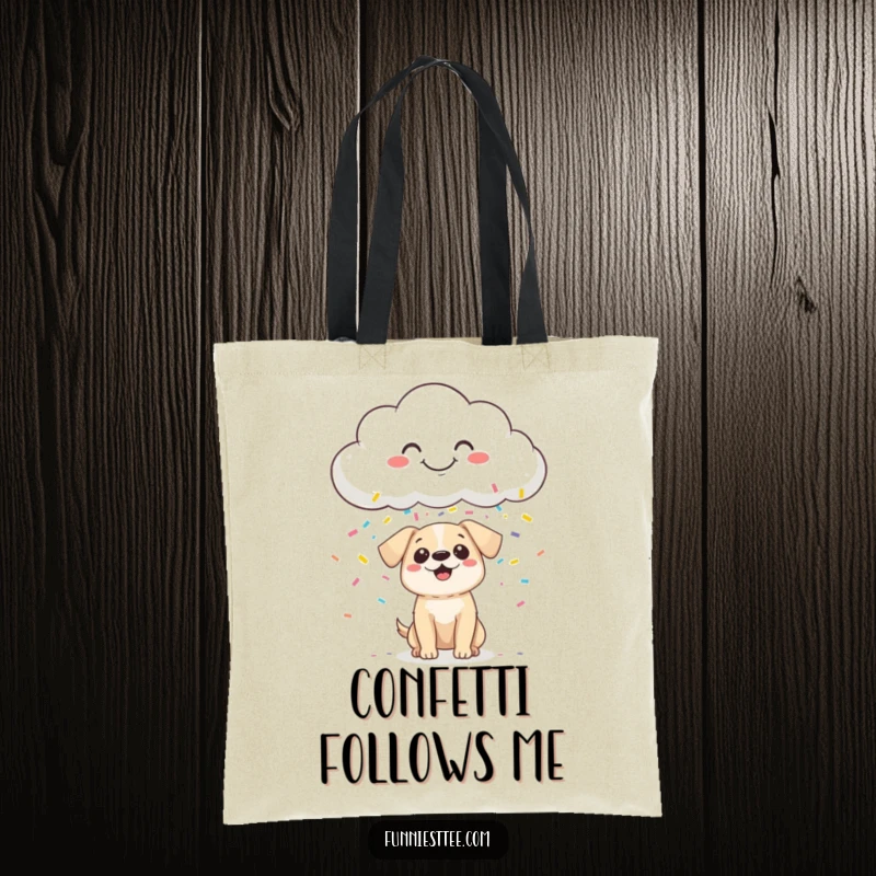 Funny Tote Bag print of a smiling cloud raining confetti onto a small, wide-eyed, astonished dog.