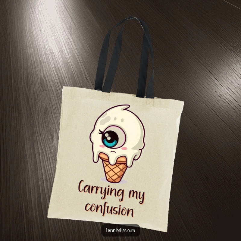 Funny tote bag featuring a melting ice cream cone with one giant, confused eye, perfectly conveying sweet bewilderment, a charming accessory.