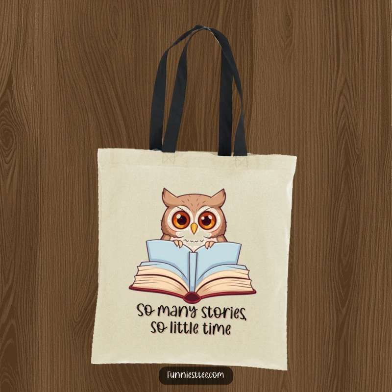 Funny owl tote bag depicting a curious owl peeking from a giant, open storybook, ideal for carrying books and essentials.